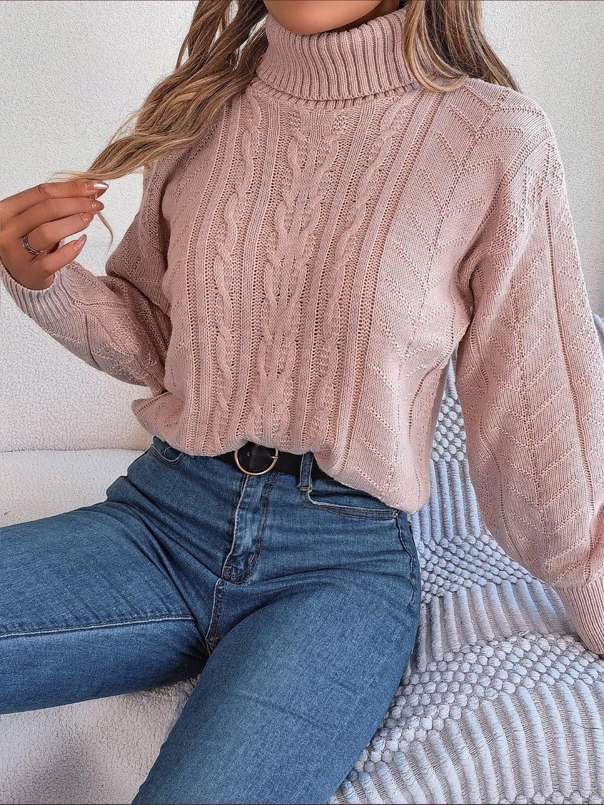 Loose High Collar Cable Knit Pullover Sweater