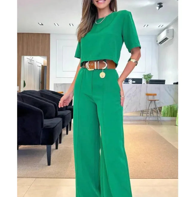Casual Women's Suit with Short Top & Straight-Leg Pants