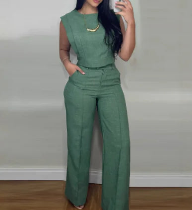 Elegant Casual Women's Suit with Short Top & Straight-Leg Pants