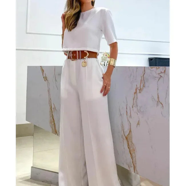 Casual Women's Suit with Short Top & Straight-Leg Pants