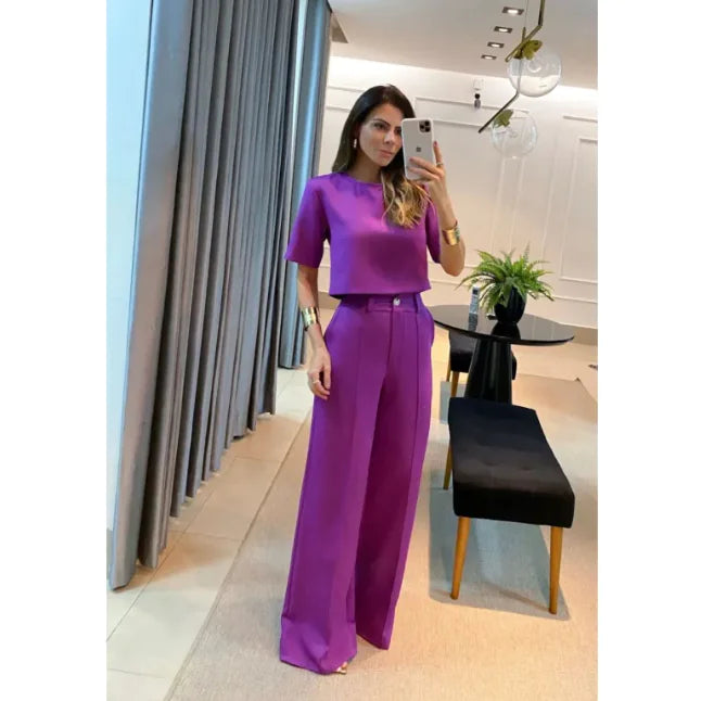 Casual Women's Suit with Short Top & Straight-Leg Pants