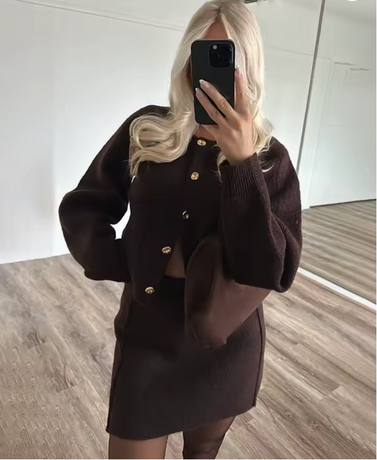 Women's Knit Two-Piece Set - Long Sleeve Top and Mini Skirt