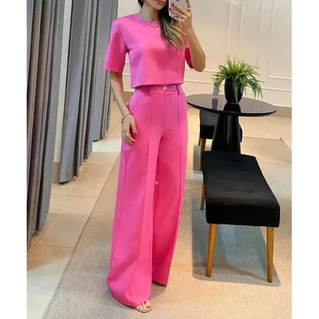 Casual Women's Suit with Short Top & Straight-Leg Pants