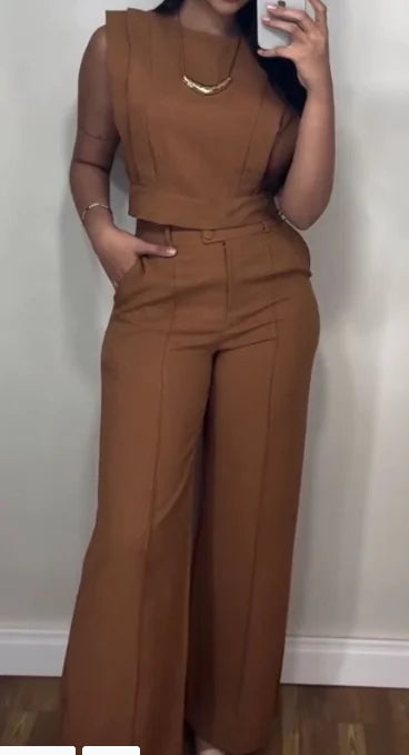 Elegant Casual Women's Suit with Short Top & Straight-Leg Pants