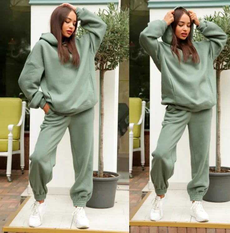 Women's Hooded Sweatshirt And Pants Suit