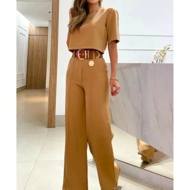 Casual Women's Suit with Short Top & Straight-Leg Pants