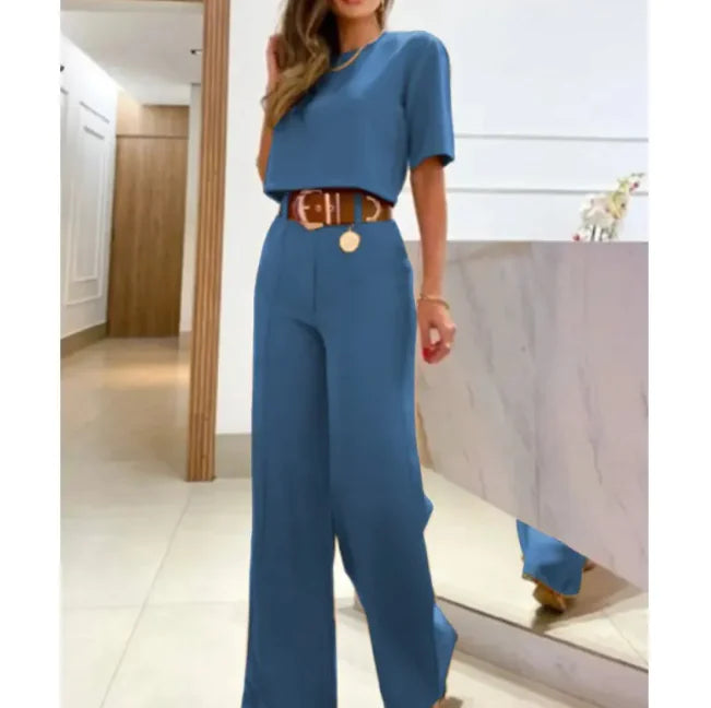 Casual Women's Suit with Short Top & Straight-Leg Pants